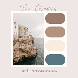 Könnte beinhalten: Eine Farbpalette, inspiriert von einem Blick auf das Mittelmeer. Die Palette enthält vier Farben: ein helles Braun, ein dunkleres Braun, eine Cremefarbe und ein Blaugrün.