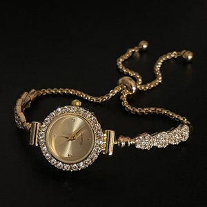 Gold Rhinestone bracelet watch, Cocktail Watch, adjustable luxury bolo bracelet, Quartz watch, stainless steel