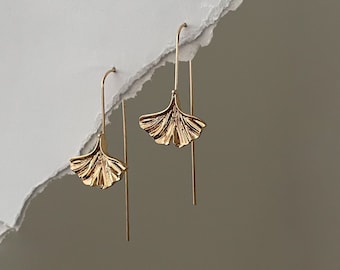 Bronzy Ginkgo Leaf oorbellen, Dangle Drop Flower oorbellen, bronzen oorhaak oorbellen