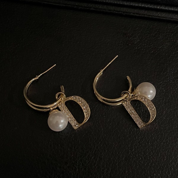 Gold Designer pearl hoops, Designer dupe earrings, Letter D studs with pearls, 18K Gold plated Hoops, Geometric letter stud