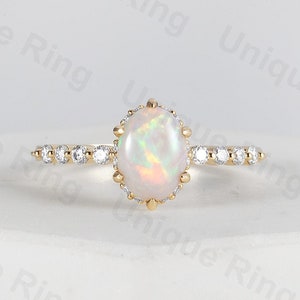 Oval Opal engagement ring 14K gold engagement ring vintage engagement ring Flower Halo diamond unique ring anniversary promise ring.