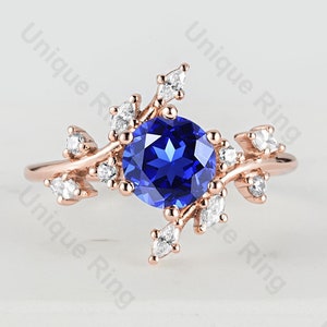 Vintage Blue Sapphire Engagement Ring: 14k Rose Gold Twig Leaf Promise Ring