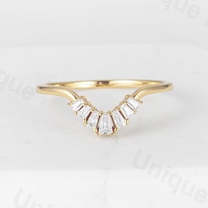14k Gold Baguette Moissanite Wedding Ring: Dainty Stacking Band