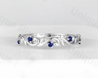 Natural Style Flower&Leaf Wedding Ring. Vintage sapphire Band, Celtic Style Engagement ring, Nature Inspired ring