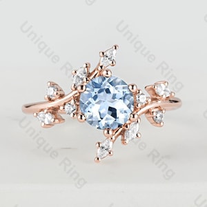Aquamarine Vintage engagement ring Leaf 14k gold engagement ring Nature Inspired Engagement Ring   Anniversary promise ring