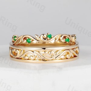 Natural Style Flower&Leaf Wedding Ring Set. Cottagecore Leaf Gold Men’s Band Ring,14K Gold Natural Emerald Floral Band