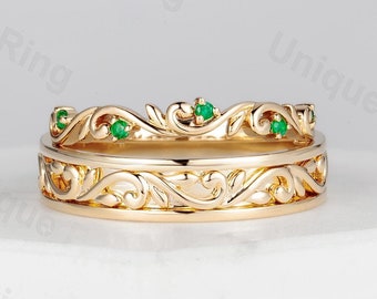 Floral Emerald 14K Gold Wedding Ring Set: Cottagecore Leaf Bands