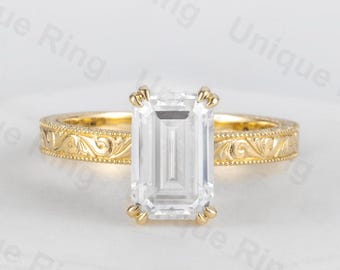 Emerald Cut Moissanite Engagement Ring, 14K Yellow Gold Art Deco Engraved Band, Vintage Promise Ring, Bridal Gift