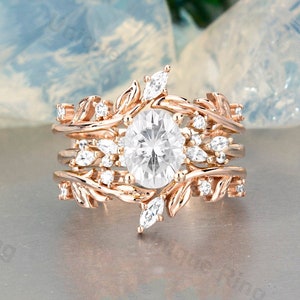 Vintage Oval Moissanite Engagement Ring Set Enhancer Marquise Leaf Rose Gold Twig Branch  Unique Bridal Anniversary Ring Gif For Her