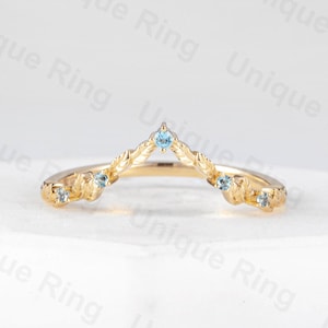 Vintage Gebogene Blatt Topas Ring 14K Gelbgold V Form Ehering, Natur inspiriert Gold Stapeln Ring, Vintage Blatt Ehering