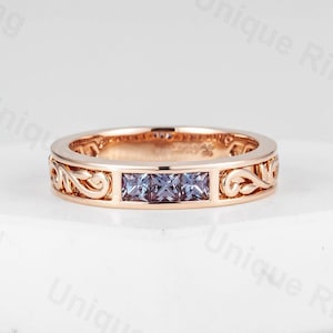 Vintage Mens ring 14K Gold alexandrite ring Antique wedding band leaf wedding band Floral Eternity Wedding Ring Vintage engrave ring