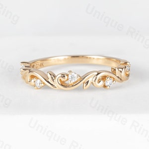 Cottagecore  wedding band rose gold Round Moissanite matching band Antique Stacking band olive branch engagement ring bridal ring