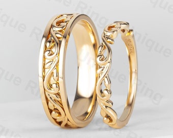 Floral Leaf 14K Gold Wedding Ring Set - Cottagecore Style