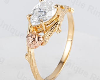 Cottagecore Pear Cut Moissanite  engagement ring, Unique Adorable insect Wedding band, Ladybird Anniversary Special gift for her