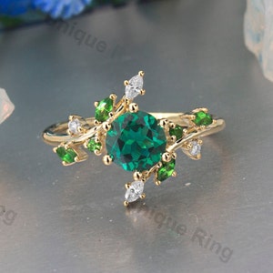 Vintage Emerald Engagement Ring: 14k Rose Gold Twig, Tsavorite Wedding Ring