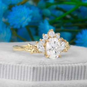 Cottagecore Oval Moissanite Engagement Ring, Leaf Moissanite Ring , Twig And Leaf Engagement Ring Nature Inspired Ring.Crown Engagement ring