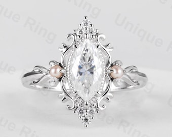 Marquise Cut Moissanite Engagement Ring Vintage Yellow Gold Cluster Moissanite Wedding Ring Art Deco Halo Milgrain Ring Anniversary ring