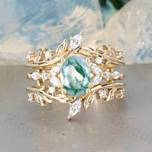 Vintage Moss Agate Engagement Ring Set: 14k Yellow Gold Twig Branch Enhancer Ring