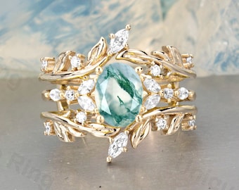 Vintage Moss Agate Engagement Ring Set: 14k Yellow Gold Twig Branch Enhancer Ring