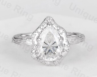 Vintage Moissanite Engagement Ring, Art Deco Wedding Band, Nature Inspired Tree Bark Ring, Unique Moissanite Bridal Ring