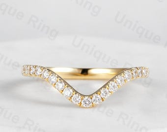 14K Gold  Curved Diamond Stacking Ring. Round cut Moissanite Wedding band Vintage Yellow gold .Matching ring Promise ring for women