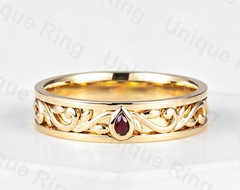Vintage Mens ring 14K Gold ruby ring Antique wedding band leaf wedding band Floral Wedding Ring Vintage engrave ring
