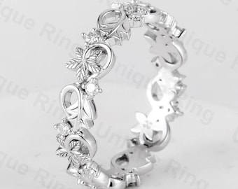 Cottagecore Leaf Solid Gold Ring, 14K Gold Floral Eternity Band, Nature Inspired Wedding Ring for Men and Women