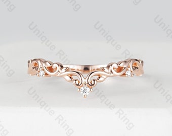 Natural Style Flower&Leaf Wedding Ring. Curved Vintage  Moissanite Band, Celtic Style Engagement ring, V shaped Band Dainty Ring