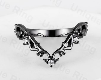 Black Plated Curved Ring Band, 14k Gold, Moissanite Stackable Ring