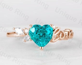 Paraiba Tourmaline Engagement Ring, Heart Shape Neon Blue Tourmaline Promise Ring, October Birthstone, 14K Rose Gold Promise Ring for Women