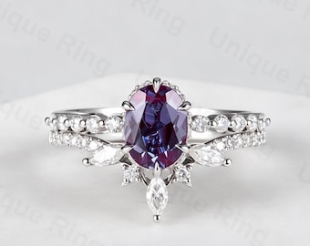 Oval Alexandrite Engagement Ring Set, Art Deco Moissanite Bridal Band