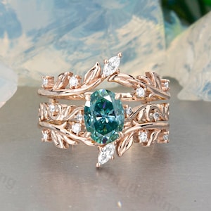 Green Oval Moissanite Bridal Ring Set: Rose Gold Leaf Twig Design