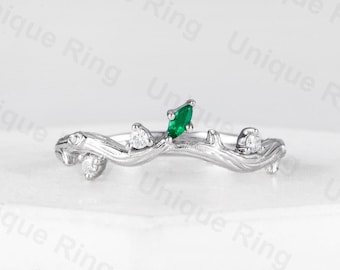 Nature Twig Wedding Ring Set 14K White Gold | Marquise Emerald Ring | Curved Vintage Band | Unique Engagement Ring for Her