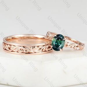 Teal Sapphire Engagement Ring Set: Art Deco Leaf Wedding Band