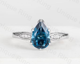 Cottagecore Pear London Blue Topaz 14K White Gold Ring: Flower Prong Setting, Nature Inspired