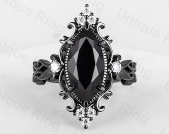 Marquise Onyx Engagement Ring, Moissanite Halo, Black Plated Silver