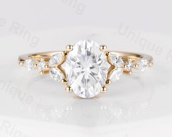 Oval Moissanite Engagement Ring, Marquise Cut, Solid Gold Vintage Bridal