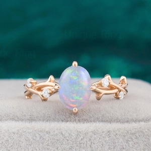 Cottagecore Opal Oval Engagement ring for nature theme wedding and engagement| Leaf flower engagement ring for anniversary gift