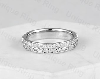 Vintage 14K Gold Floral Wedding Band: Diamond Celtic Eternity Ring