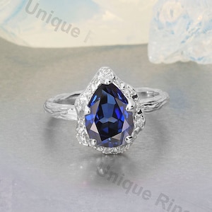 Vintage Cottagecore  Blue Sapphire Engagement Ring For Natural Theme Wedding|14k solid gold ring |Nature Inspired Tree Bark Mixed Metal ring