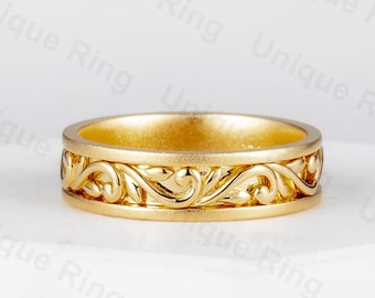 Cottagecore Leaf 14K Gold Wedding Band, Sandblasted Floral Ring