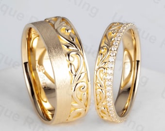 14K Gold Moissanite Floral Wedding Ring Set: Cottagecore Leaf Bands