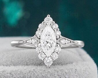 Vintage Moissanite Marquise Engagement Ring for Retro Theme Engagement and Wedding| Unique Wedding Anniversary ring for her