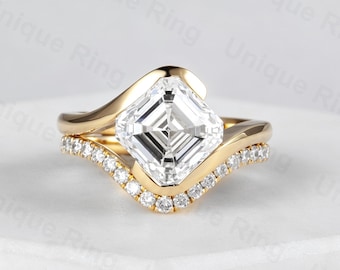 2CT Asscher Cut Moissanite Engagement Ring Set, 14K Gold Bridal Band, Anniversary Ring