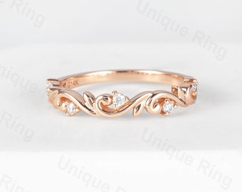 Natural Style Flower&Leaf Wedding Ring. Vintage Marquise Moissanite Band, Celtic Style Engagement ring, Customization Available