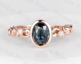 Vintage Oval Teal Sapphire Engagement Ring, 14K Rose Gold Floral Leaf Ring, Nature Inspired Vine Ring, Unique Moissanite Bridal Ring