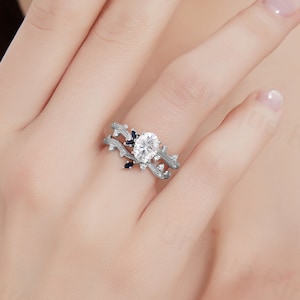 Cottagecore Whimsical Leaf and Twig Engagement Ring Set | Oval Moissanite Natural Theme Wedding Band | Two Tone Art Deco Ring