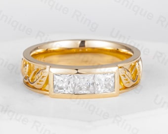 Cottagecore Leaf Solid Gold Men’s Band Ring , 14K Gold Floral Eternity Wedding Ring ,Unique Moissanite Wedding Ring Gold Flower Pattern Band