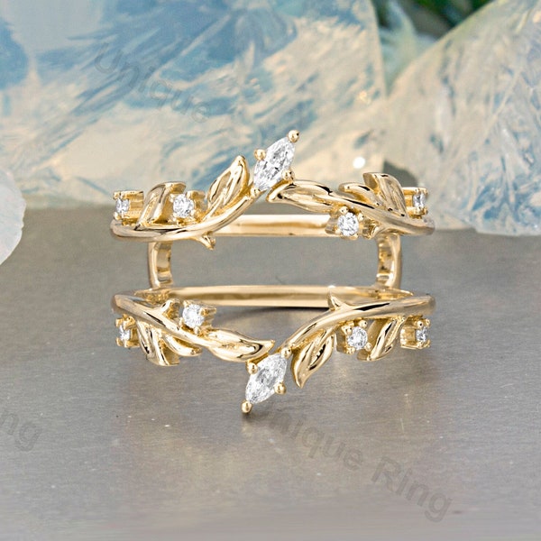 Vintage Enhancer Wedding Band Leaf Moissanite Ring Unique Wedding Ring Leaf Branch Ring Match Wedding Ring Yellow Gold Ring Anniversary Gift