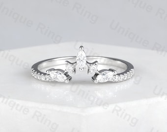 Moissanite Curved Wedding Band, White Gold Marquise Ring